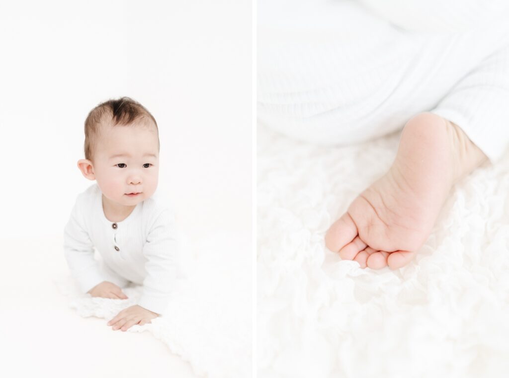 Crawling baby in a natural light photography studio in Wiltshire, UK during first birthday session - Rebecca Casey Photography