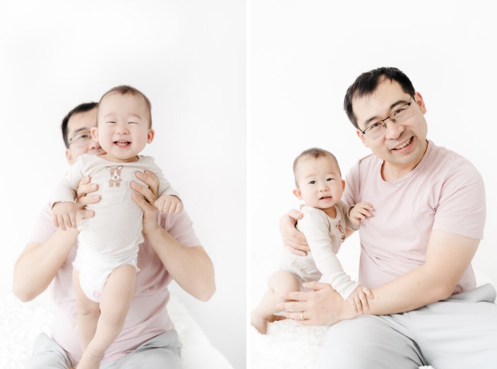 Dad and baby photoshoot inspiration. Natural light lifestyle studio family photographer in Wiltshire, UK - Rebecca Casey Photography