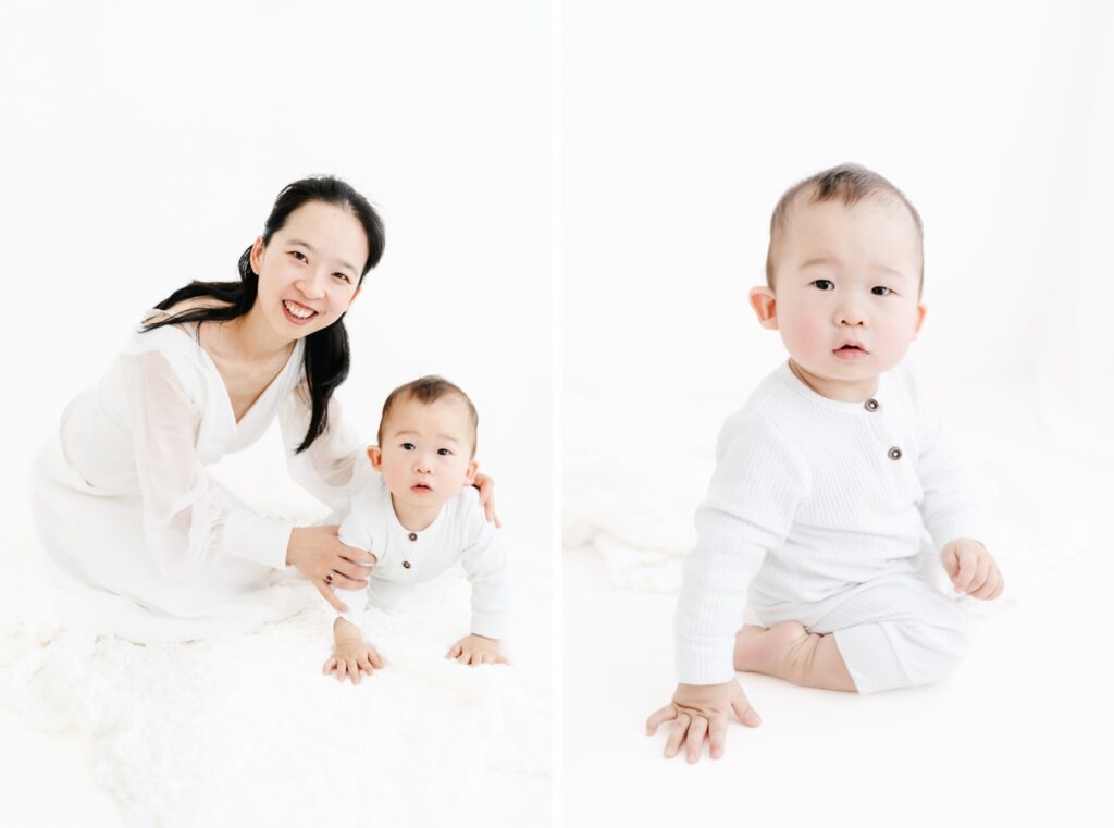 Mother and baby during a first birthday photoshoot in a natural light studio in Melksham, Wiltshire. Soft, bright family photography capturing a first birthday - Rebecca Casey Photography