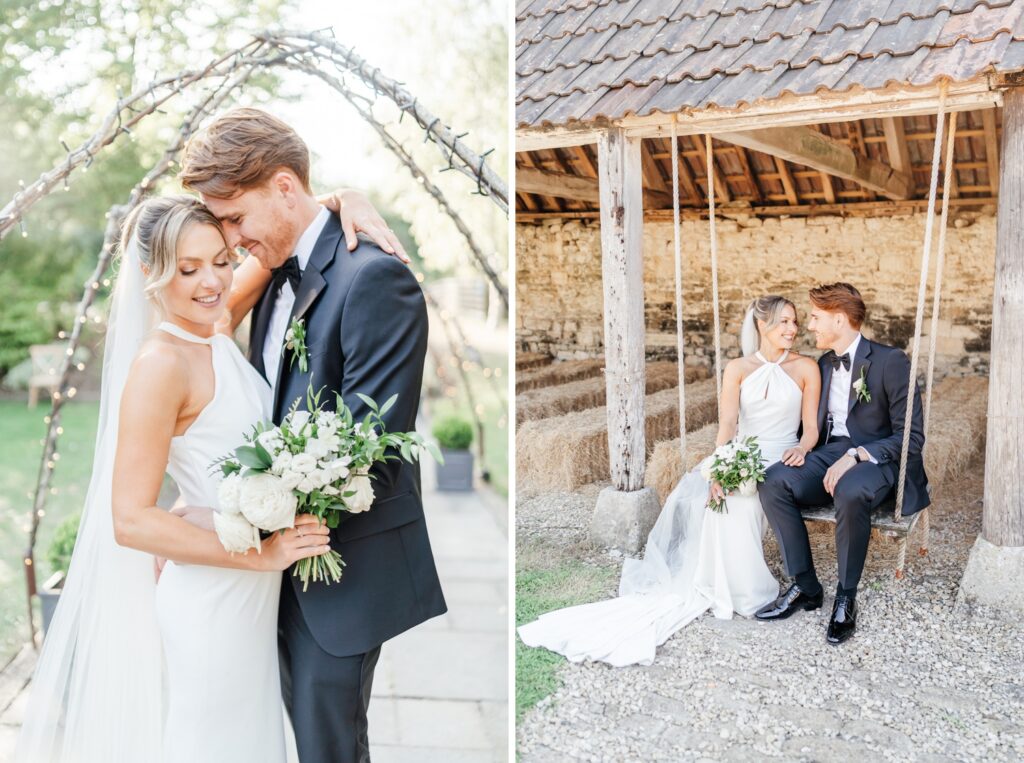 A bride in a white gown (Portia from Love Spell Design) and groom in a suit share affectionate moments. The first image shows them embracing with trees in the background, while the second depicts them sitting on hay bales under a rustic wooden shelter, smiling at each other. Wedding couples portraits taken at Wick Farm Bath Wedding Venue, under the fairy light archway and farm swing.