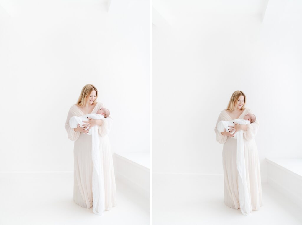 Mum cuddling her 8-week-old baby in my Westbury photography studio