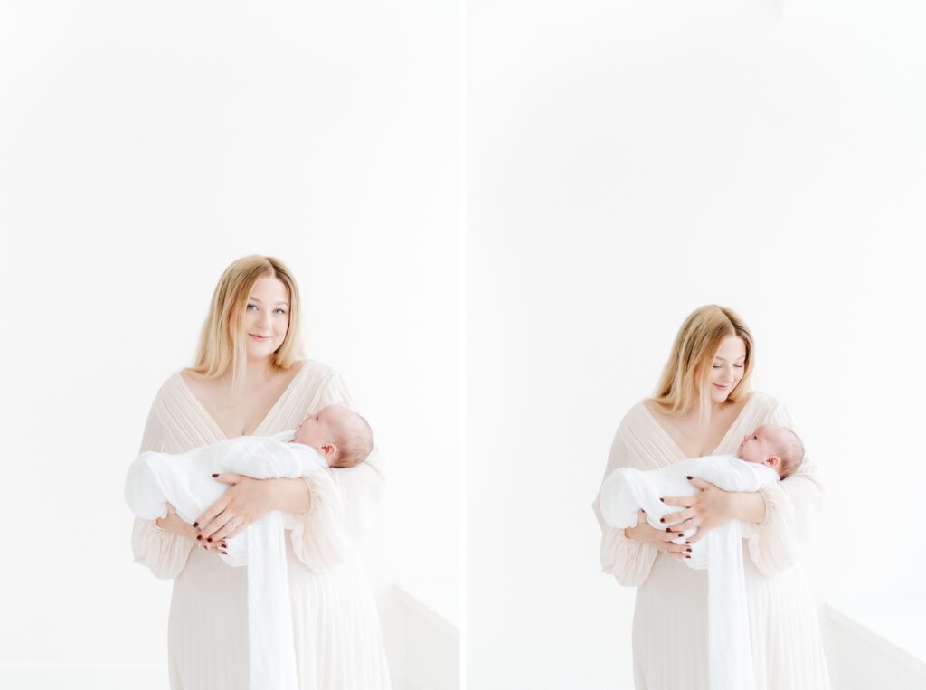 Relaxed baby photography with mum and her newborn in Westbury