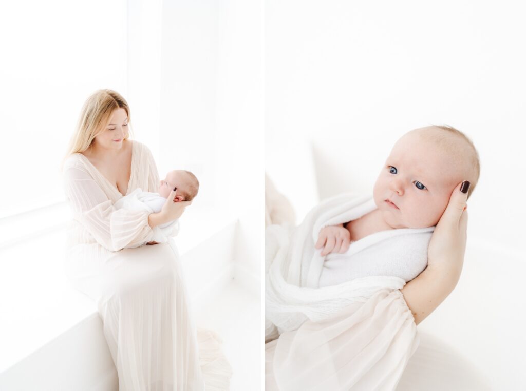Mum cuddling her 8-week-old baby by the studio window during a relaxed baby photography session in Westbury, Wiltshire