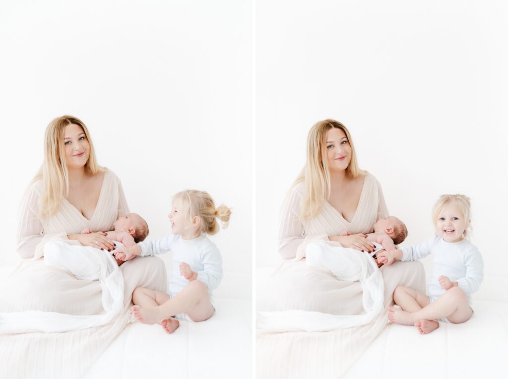 Relaxed baby photography with mum and gentle sibling cuddles in my Westbury photography studio